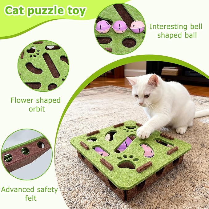 Cat Scratch Puzzle Enrichment Box with 3 Jingle Balls, Interactive Cat Toy Maze for Indoor Cats, No Assembly, Mental Stimulation Toys for Bored Kittens to Chase & Play