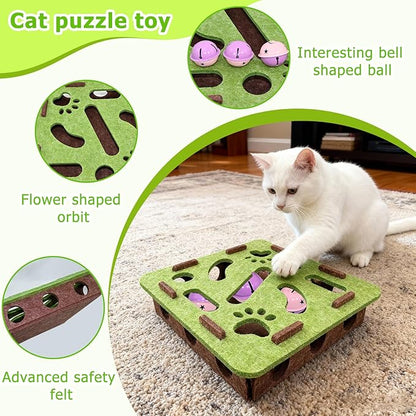 Cat Scratch Puzzle Enrichment Box with 3 Jingle Balls, Interactive Cat Toy Maze for Indoor Cats, No Assembly, Mental Stimulation Toys for Bored Kittens to Chase & Play