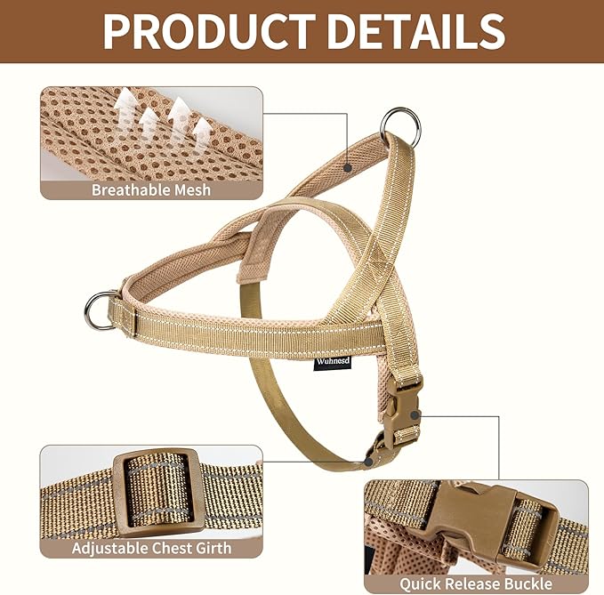 No Pull Dog Harness and Leash Set-Reflective Vest with Handle&5FT Dog Leash with Car Seatbelt Clip,Breathable Mesh&Quick Fit Dog Harness Easy for Medium Large Dogs Training Walking(Brown,L)
