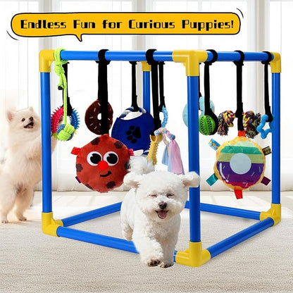 Puppy Play Gym with 12 Toys, Removable Dog Enrichment Playground, Interactive Indoor Training Activity Center for Small Dogs & Puppies, Teething & with Squeaky Toys, Fixable, 12 Toys
