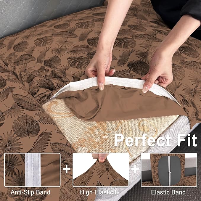 ANARACHON Leather Look Couch Cushion Covers Sofa Seat Slipcovers Sets Couches Furniture Protector for Sectional Armchair Loveseat Pets Kids Stretch Spandex Fabric (3 Cushion Sofa, Brown Leaf)