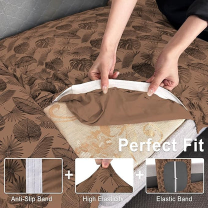 ANARACHON Leather Look Couch Cushion Covers Sofa Seat Slipcovers Sets Couches Furniture Protector for Sectional Armchair Loveseat Pets Kids Stretch Spandex Fabric (3 Cushion Sofa, Brown Leaf)