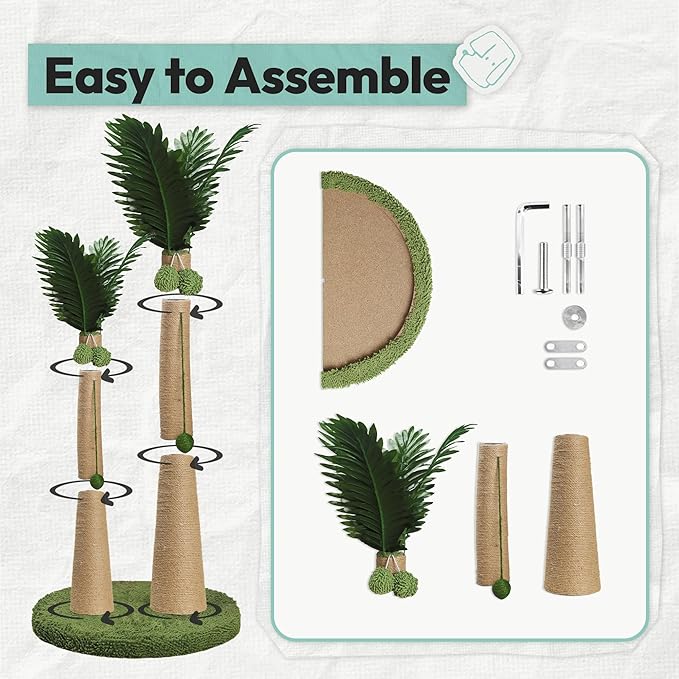 33" Tall Cat Scratching Post, Natural Jute Cat Scratcher for Indoor Cats, Double Coconut Tree Design with Hanging Toy Ball & Rest Platform,Stable Furniture Protector for Kittens & Adult Cats,M