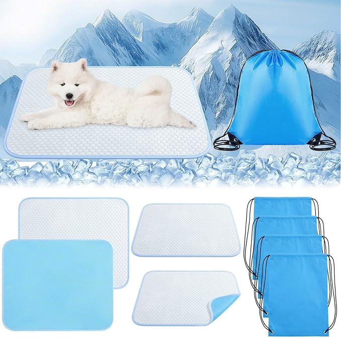 Chunful 4 Pack Dog Cooling Mat 26 x 20 Inches Pet Cooling Pads Summer Cat Self-Cooling Blanket Portable Washable Ice Silk Non-Skid Mat for Small Dogs Puppy and Cats up to 25 Lbs