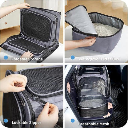Large Cat Carrier with Litter Box, Expandable Cat Carrier for Car Travel, 17.3"x16.2"x13" Soft-Sided Pet Carrier, Collapsible Pet Carrier for Car Travel with Lockable Zippers for Medium Large Cat