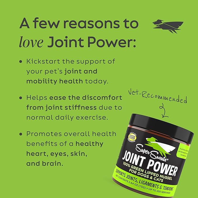 Super Snouts Joint Power 100% Green Lipped Mussels for Dogs & Cats - Dog Joint Supplement Powder Supports Joints, Tendons, Ligaments (2.64 oz)