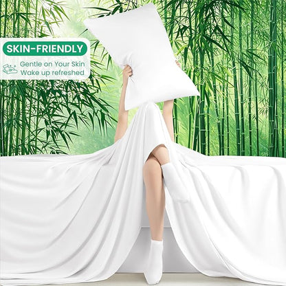 SONORO KATE 100% Viscose Derived from Bamboo_Sheets King Size, Ultra Breathable & Cooling Bed Sheets for Hot Sleepers, Hotel Luxury Silky Bedding Sheets, 16" Deep Pocket - 4PC (White,King)