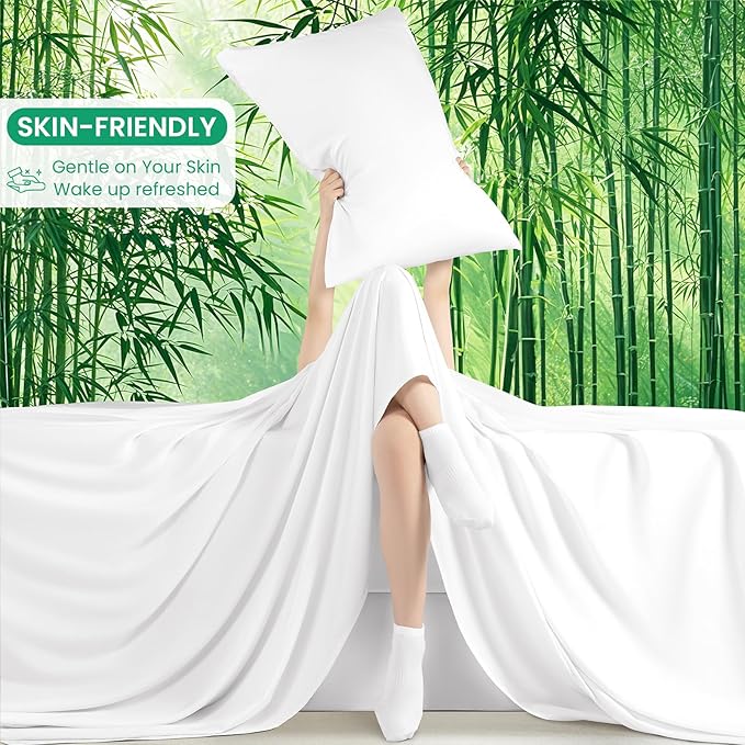 SONORO KATE 100% Viscose Derived from Bamboo_Sheets Full Size, Ultra Breathable & Cooling Bed Sheets for Hot Sleepers, Hotel Luxury Silky Bedding Sheets, 16" Deep Pocket - 4PC (White,Full)