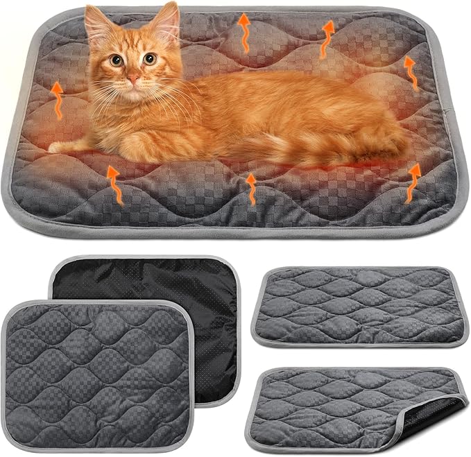 Tujoe 4 Pack Self Warming Cat Mat Self Heating Cat Pad Warm Thermal Pet Bed Washable Dog Crate Pad Body Heat Dog Bed Mat Blanket Non Slip Bottom for Outdoor Indoor Pets(Grey,16 x 20 Inch)