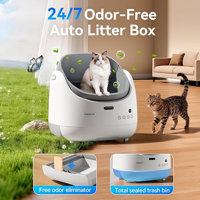 Thereye Self Cleaning Cat Litter Box, Open Top Automatic Litter Box for Multiple Cats, APP Control Smart Litter Box, Safety Sensors and Odor Control, Adjustable Entry Height Anti-Splash