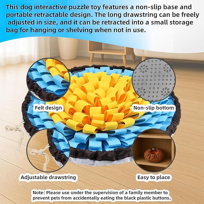 Snuffle Mat for Dogs, Large Dog Snuffle Mat 19'' x 19'' Enrichment Interactive Dog Puzzle Toys for Dogs Cats Encourage Natural Foraging Skills and Olfactory Training Stress Relievers Blue-Yellow