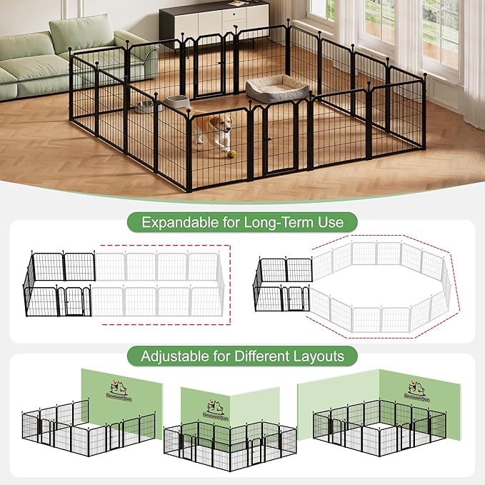 Dog Playpen for Indoor & Outdoor, 24 inch 16 Panels Metal Puppy Playpen for Puppies/Small Dogs, Large Dog Pen with 2 Doors, Sutible for Yard, Camping, Travelling, Black