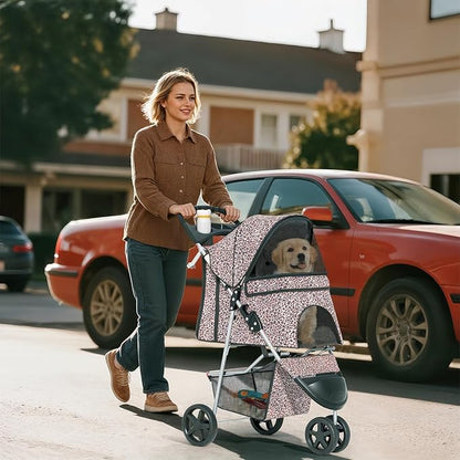 Pet Stroller for Small Dogs 10 lbs, Dog Stroller for Medium Dogs 30 lbs, Cat Strollers for 2 Cats, 3 Wheels Foldable Jogger Puppy Stroller with Storage Basket and Cup Holder, Leopard Print