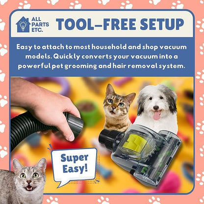Vacuum Pet Brush Attachment Kit 5-Pack – Dog Grooming Tools with Turbo Brush, Massage Nozzle & 2 Adapters – Fits 1.25", 1.5", 1-3/8" Hoses – Compatible with Shop Vac, Shark, Miele, Bissell & More