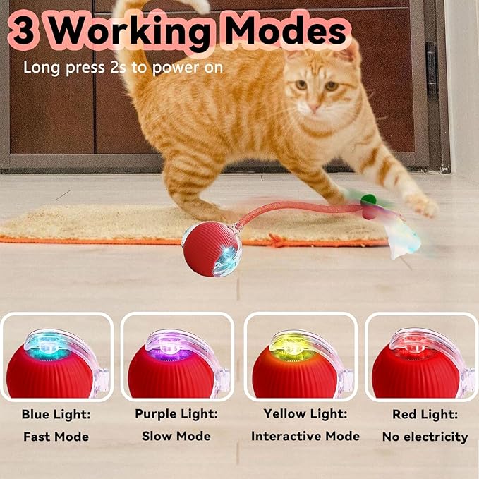 Speedy 2.0 Tail Interactive Cat Toys for Indoor Cats, Automatic Cat Toy with Elastic Mesh Tail, Electric Rolling Ball on Carpet, Chirping and Motion Activate Cat (Red)