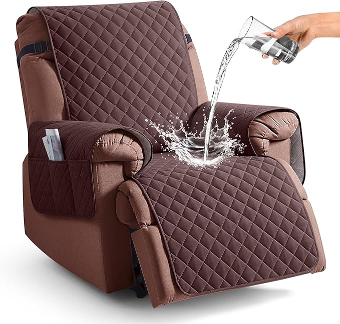 KinCam 100% Waterproof Recliner Chair Cover, Reclining Couch Covers for Pets, Dogs, Recliner Couch Slipcover Furniture Protector with Elastic Straps for Kids(30", Coffee)
