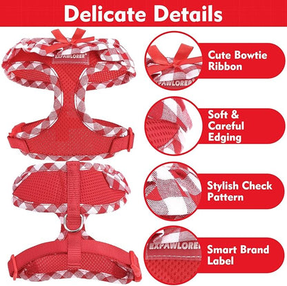 EXPAWLORER Cute Dog Harness and Leash Set - Red Girl Dog Harness Checkered Step-in Design, Easy Adjustable No-Choke Lightweight Breathable Vest for Small Medium Dogs Outdoor Walking, Medium