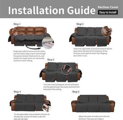 Easy-Going Oversized Recliner Sofa Cover, Reversible Couch Cover for 3 Seat Recliner, Split Sofa Cover for Each Seat with Elastic Straps for Kids, Dogs, Pets (3 Seater, Dark Gray/Dark Gray)