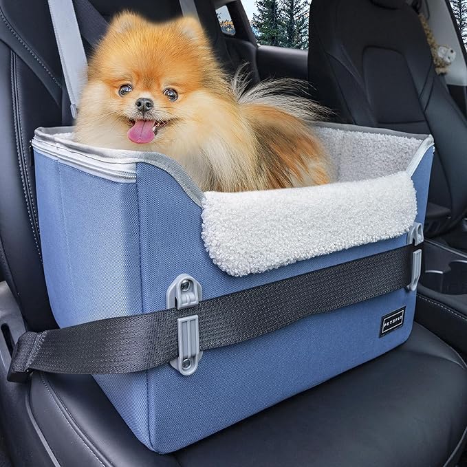 PETSFIT Dog Car Seats for Small Dogs–Patented Safety Buckles–Safety Tether–Foldable Travel Dog Booster Car Seat Reduces Anxiety & Road Trips–Stable Frame, Soft Cushion, Fits Front/Back Seat(Navy Blue)