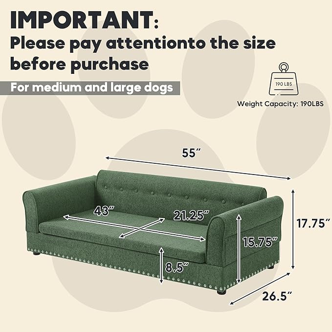 Elevated Dog Sofa for Medium to Large Dogs, Button Tufted Dog Couch Bed with Backrest and Armrests, Durable Memory Foam Pet Bed, Removable Cushion for Medium and Large Dogs, Green