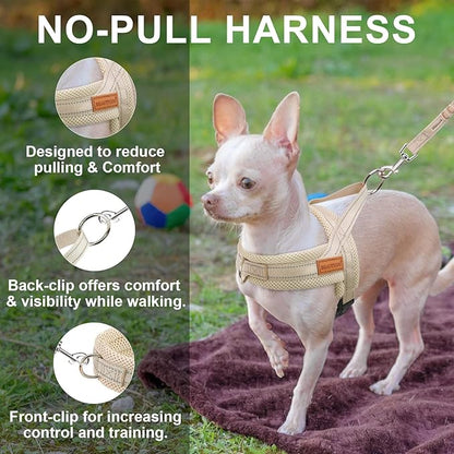 BEAUTYZOO Dog Harness No Pull, Quick Fit Dog Harness and Leash Set, Escape Proof Vest Harness with Soft Handle, Reflective Breathable Mesh Padding Harness for Medium Size Dog Training Walking, Beige M