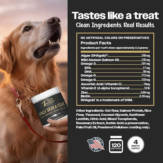 K9-Innovations - Daily Skin & Coat Dog Chews Salmon Flavor - Reduce Itching & Paw Chewing, Omega 3 & VIT C for Skin Health - 1-4 Month Supply (120qty)