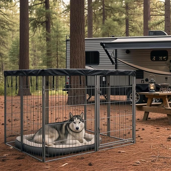 Dog Playpen w/Square Top Shade Cover - 40 inch, 8 Panel Portable Grey Metal Pet Play Pen for Medium & Large Dogs - Indoor/Outdoor Kennel Cage for Home, Yard, RV, or Camping