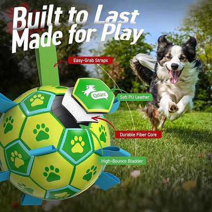 QDAN Dog Toys Soccer Ball - Durable Dog Balls with Strap for Medium Small Dogs, Puppy Birthday Gifts, Dog Tug Toy for Tug of War (8 Inch)