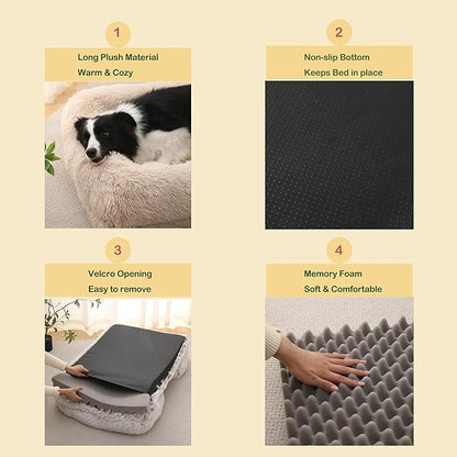 Orthopedic Dog Bed for XXL Dogs - Washable Memory Foam Pet Sofa, Fluffy Plush Rectangular Bed, Waterproof Anti-Anxiety Couch, Khaki, XXL
