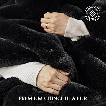 EVERGRACEHOME Luxury Soft Faux Chinchilla Fur Throw Blanket for Couch, Warm Thick Heavy Winter Throw Blanket 1220GSM for Bed, Fluffy Cozy Mink Blanket with Reversible Velvet, Black Noir Mink, 60"x80"