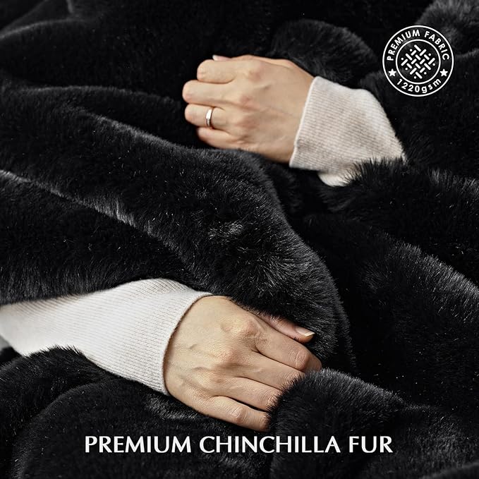 EVERGRACEHOME Luxury Soft Faux Chinchilla Fur Throw Blanket for Couch, Warm Thick Heavy Winter Throw Blanket 1220GSM for Bed, Fluffy Cozy Mink Blanket with Reversible Velvet, Black Noir Mink, 50"x60"