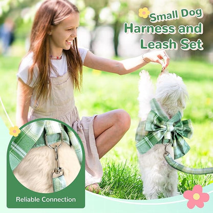 Cute Dog Harness and Leash Set with Bow Tie Soft Mesh Plaid Girl Puppy Harness No Pull Pet Cat Dog Vest Harness for Small Dogs Chihuahua Rabbit Outfit (Green,M)