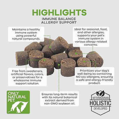 Only Natural Pet Immune Balance - Immunity Booster for Itchy Skin Licking & Scratching w/Phytosterols for Seasonal or Food Allergies Vitamin Supplement for Healthy Dogs - 60 Soft Chews