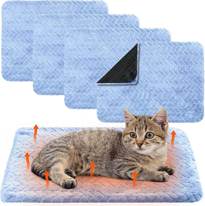 Drydiet 4 Pack Self Warming Cat Bed Mat Self Heating Pad for Dog Extra Warm Winter Pet Pad Washable Thermal Pads Mats for Pets Indoor Outdoor(Blue,16 x 20 Inch)