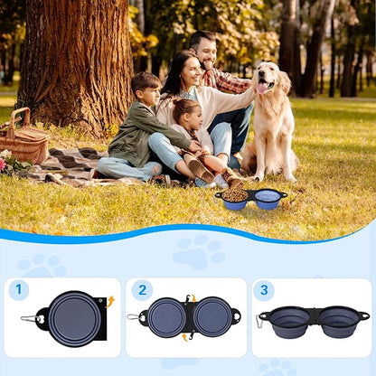 Collapsible Dog Dual Bowls, 2-in-1 with Locking Clip for More Stability 180 Degree Flip Portable Dog Travel Bowl for Water and Food Pet Food Drinker (Dark Blue)