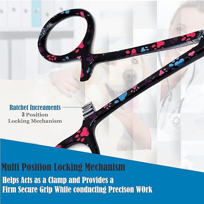 Dog Pet Ear/Nose Hair Puller Grooming Hemostat Locking Forceps Curved Pliers, 5.5" (14cm) Full Serrated Clamps Stainless Steel (Black Multi Paws)