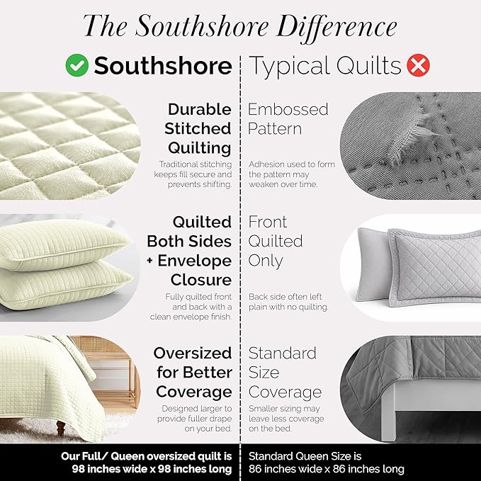 Southshore Fine Living, Inc. Full/Queen Size Quilt Bedding Set, Wrinkle-Free Stain & Pet Hair Resistant Bedding, Coverlet Bedspreads Queen Size/Full Size Bedspread with 2 Pillow Shams, Cream