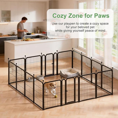 Dog Playpen for Indoor & Outdoor, 24 inch 16 Panels Metal Puppy Playpen for Puppies/Small Dogs, Large Dog Pen with 2 Doors, Sutible for Yard, Camping, Travelling, Black
