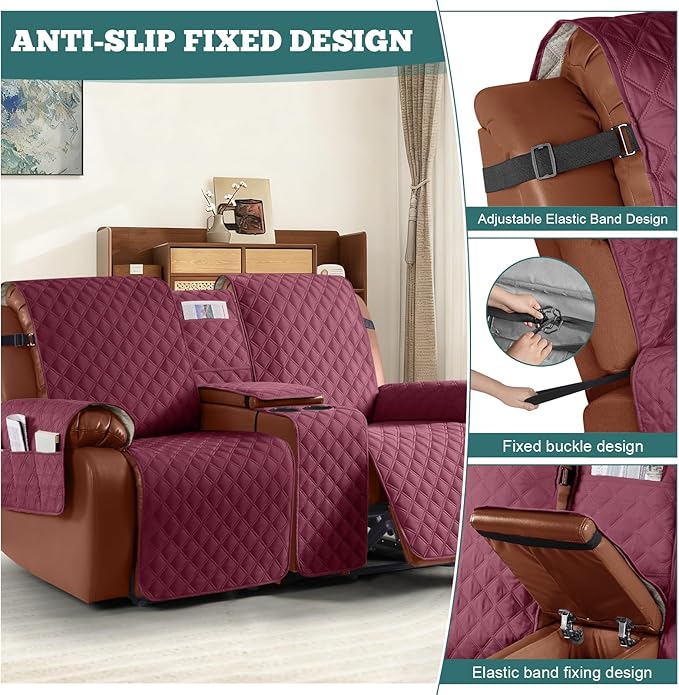 Ruaozz Waterproof Loveseat Recliner Cover with Console Non-Slip Reclining Couch Covers Split Sofa Slipcovers with Elastic Straps Furniture Protector for Kids, Dogs, Pets (Wine, 2 Seater)