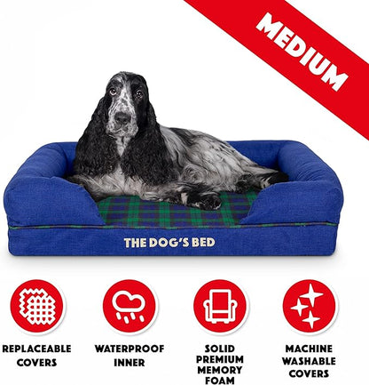 The Dog’s Bed Orthopedic Memory Foam Dog Bed with Bolsters for Medium Dogs, High Density Support Mattress, Low Front Entry, Removable Washable Cover, Oxford Fabric, Black Watch Tartan, Medium
