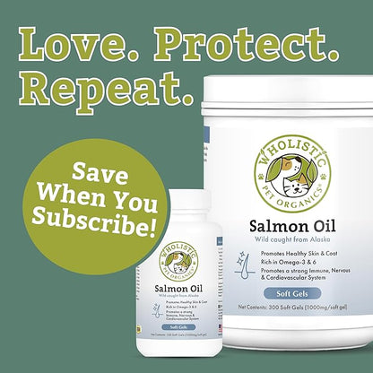 Wholistic Pet Organics Wild Alaskan Salmon Oil for Dogs and Cats - Omega 3 Fish Oil for Dogs & Cats - Cat & Dog Skin and Coat Supplement, Heart and Joint Health - DHA, EPA Omega 3 6 9-100 Soft Gels