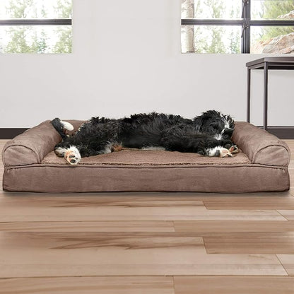 Furhaven Cooling Gel Dog Bed for Large/Medium Dogs w/ Removable Bolsters & Washable Cover, For Dogs Up to 55 lbs - Plush & Suede Sofa - Almondine, Large