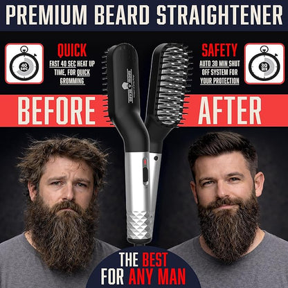 Beard Straightener Grooming Kit for Men, Beard Growth Kit, Wash, Brush & Comb, Unscented Growth Oil, All Natural Sandalwood Balm, Conditioner, Razor & Scissors, Great Gift Idea for Men's (Black)