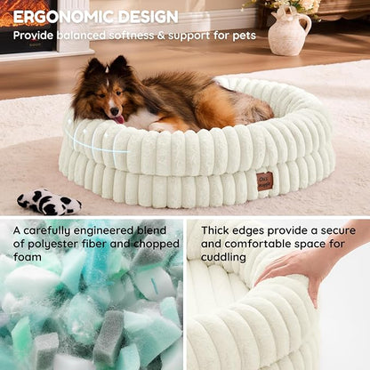 ChiXnuggle Cat Bed for Indoor Cats - Luxury Striped Faux Fur Waterproof Pet Couch with Removable Washable Cover, Orthopedic Pet Bed with Bolster Sides for Sleeping, Cream