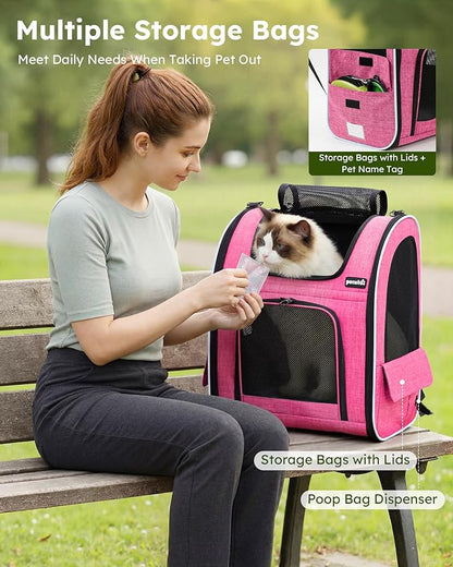 Pecute Cat Backpack Carrier Expandable, Pet Backpack for Cats & Small Dogs Up to 11lbs, with 4-Side Breathable Mesh, Multi-Entry & Lockable Zippers for Travel, Hiking, Camping - Hands Free, Pink