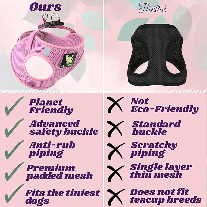 EcoBark Step in Dog Harness - Eco-Friendly Small Breed Dog Harnesses for XXS, XS, and Small Dogs - Reflective and Adjustable Mini Body Halter Vest - Tiny Soft Mesh Toy Breed Harness (Baby Pink, XS)