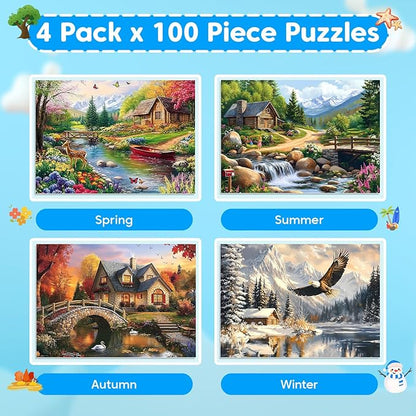 4-Pack 100 Piece Puzzles for Seniors Country Life Large Piece Puzzles for Seniors Puzzle Dementia Alzheimer's Products Activities for Elderly Adults Kids Puzzle for Kids Ages 6-8 8-10