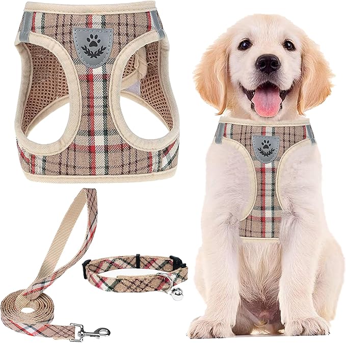 PUPTECK Adjustable Dog Harness Collar and Leash Set Step in No Pull Pet Harness for Small Medium Dogs Puppy and Cats Outdoor Walking Running, Soft Mesh Padded Reflective Vest Harnesses, Khaki XL