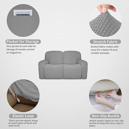 Easy-Going 100% Dual Waterproof Recliner Loveseat Cover, 6-Pieces Stretch Relining Sofa Cover with Pocket, Jacquard 2 Seat Sofa Slipcover Leakproof Washable (Loveseat, Light Gray)