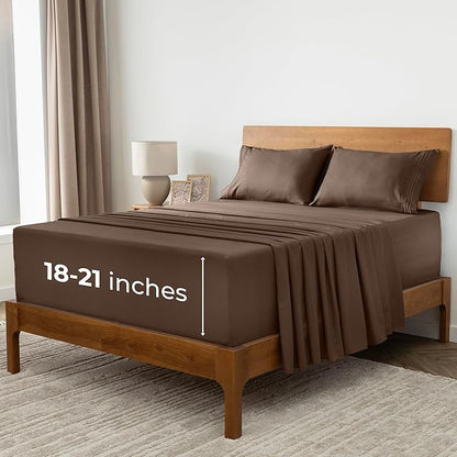 Mellanni Extra Deep Split King Sheets - 5 PC Iconic Collection Bedding - Hotel Luxury, Ultra Soft, Cooling Bed Sheets - Wrinkle, Fade, Stain Resistant (Split King, Brown)